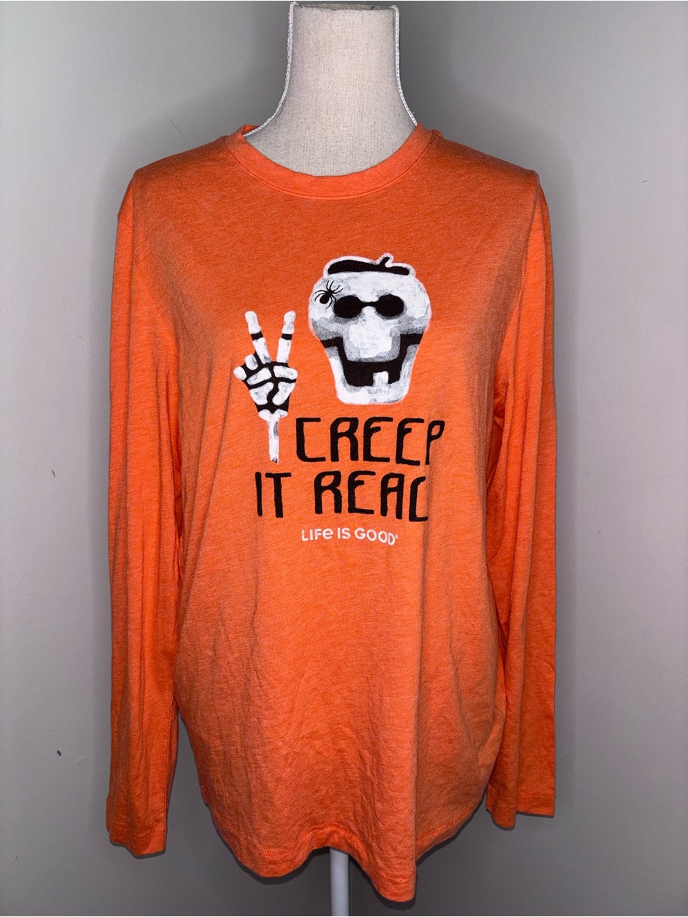Life is Good vintage feel orange long sleeve Halloween skull tee shirt Medium